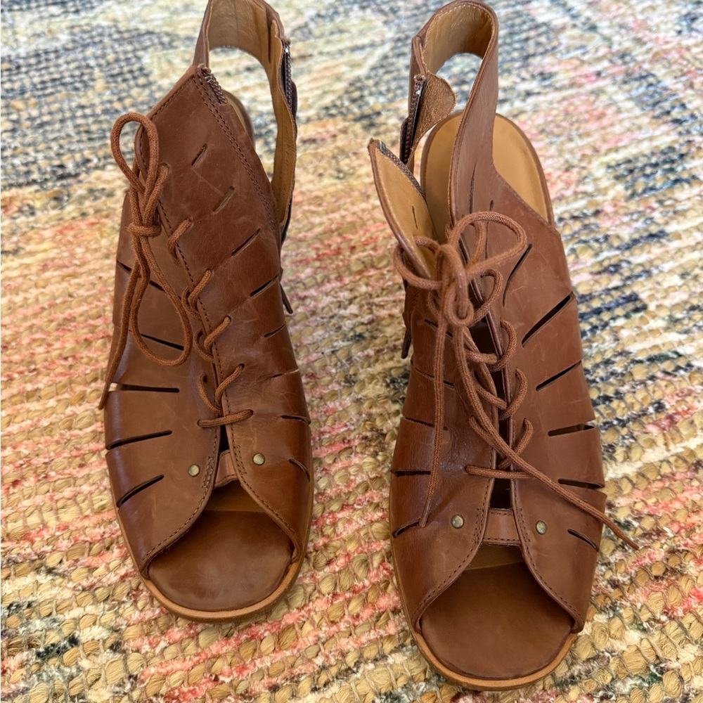 Paul Green Women's Brown Lace-Up Peep-Toe Leather Sandals